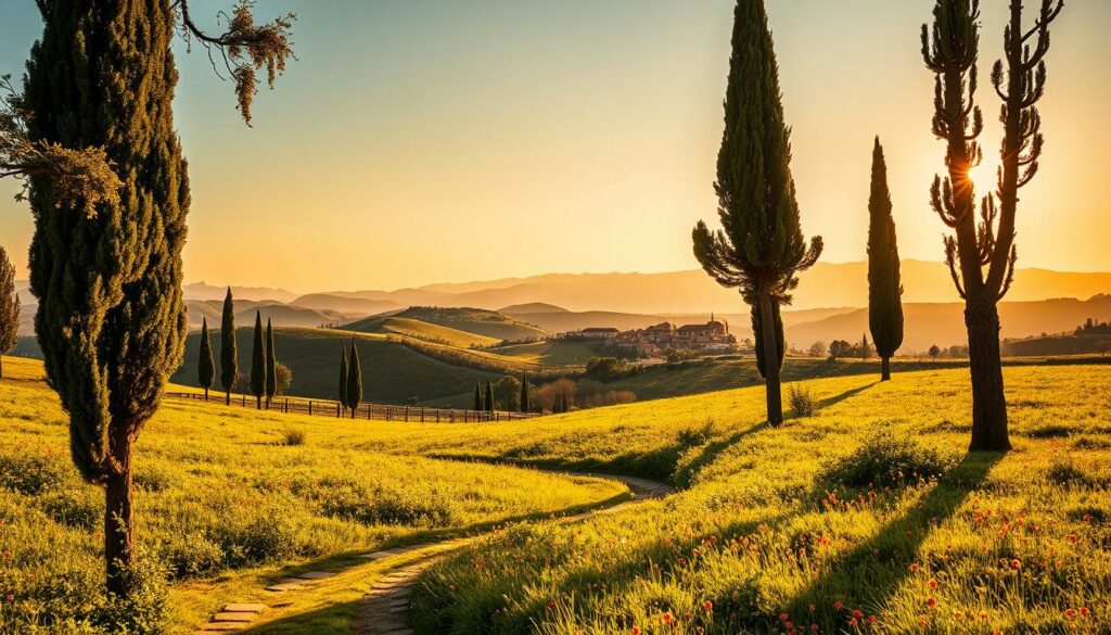 A sweeping, picturesque Tuscan landscape bathed in warm, golden sunlight. In the foreground, a winding path leads through a lush, verdant meadow dotted with vibrant wildflowers. Towering cypress trees frame the scene, their slender silhouettes reaching skyward. In the middle ground, rolling hills undulate gently, their slopes covered in a patchwork of olive groves and vineyards. In the distance, the iconic terracotta-roofed buildings of a quaint Tuscan village nestled among the hills, with the majestic Apennine Mountains rising majestically in the background. An atmospheric, serene scene that captures the essence of the Tuscan countryside, inviting the viewer to explore and discover the natural wonders surrounding the region's thermal springs.