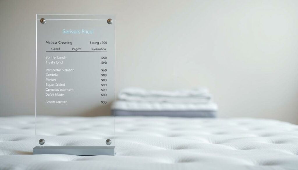 A transparent pricing display for a professional mattress cleaning service, showcased in a well-lit, minimalist setting. The foreground features a sleek, glass-enclosed price list with clear, easy-to-read pricing information. The middle ground depicts a pristine, neatly folded mattress, symbolizing the service's attention to detail. The background is a serene, muted color palette, creating a calming atmosphere that exudes trust and transparency. The overall composition conveys a sense of reliability, honesty, and high-quality service, perfectly aligning with the section title "Transparente Preise ohne versteckte Kosten".