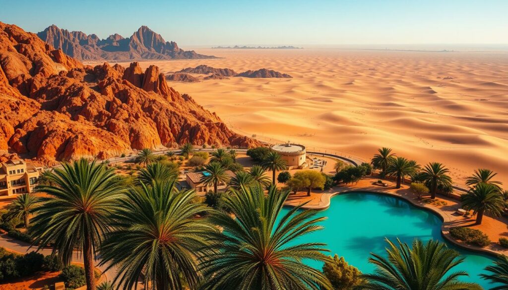 A vibrant aerial view of Algeria's diverse landscapes, showcasing the country's natural splendor. In the foreground, a lush oasis with palm trees and a serene pool of turquoise water, reflecting the warm desert sun. The middle ground features rugged, ochre-hued mountains, their jagged peaks cutting through the clear sky. In the distance, a sprawling desert dotted with sand dunes, their undulating forms creating a mesmerizing pattern. The scene is bathed in a warm, golden light, evoking the essence of an authentic Algerian adventure. Captured through a wide-angle lens, the image conveys a sense of grandeur and immersion, inviting the viewer to explore the captivating wonders of this hidden gem of North Africa.