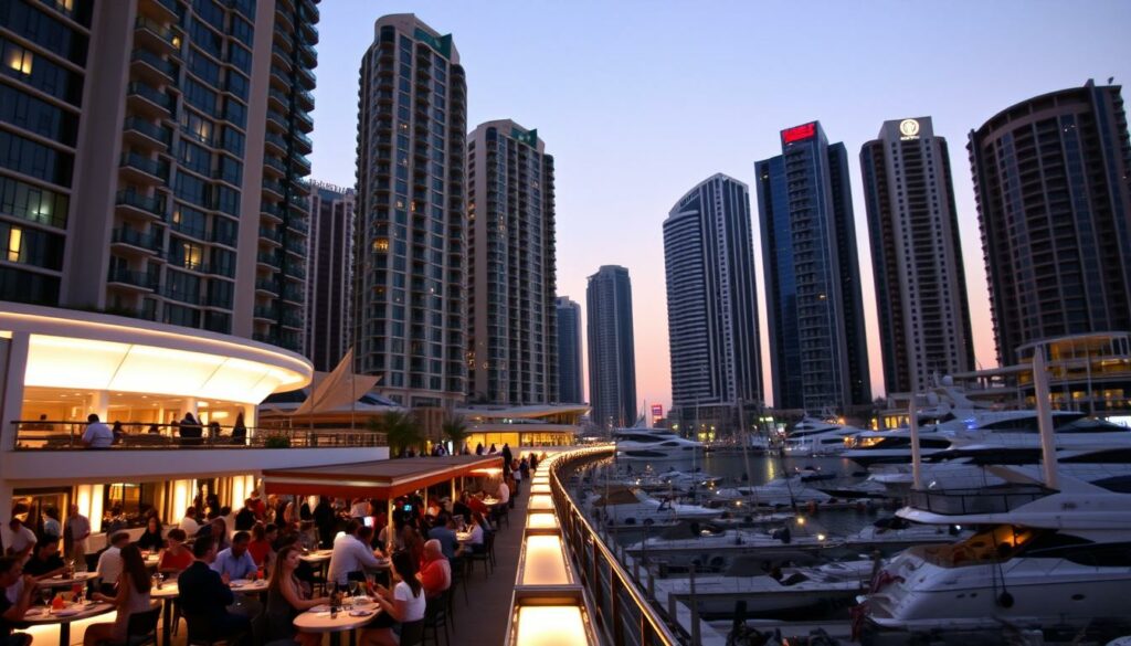 A vibrant evening scene in Dubai Marina, showcasing an array of modern bars and restaurants lining the waterfront promenade. Sleek high-rise buildings form the backdrop, their windows glittering under the warm glow of sunset. In the foreground, people leisurely dine and sip cocktails on the outdoor terraces, taking in the serene view of the marina and the yachts gently swaying on the calm waters. Ambient lighting from the establishments casts a soft, inviting atmosphere, hinting at the lively nightlife experience within. The overall mood is one of sophisticated urban charm, capturing the essence of Dubai's thriving culinary and social scene.