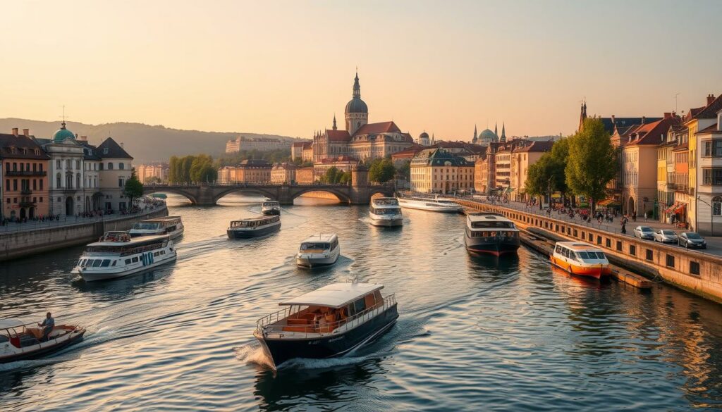 A vibrant river scene of Passau, Germany, where the Danube, Inn, and Ilz rivers converge. Boats of various sizes gently glide across the tranquil waters, their reflections mirroring the surrounding architectural splendor. The historic skyline, dominated by the iconic Cathedral of St. Stephen and the Veste Oberhaus fortress, stands majestically in the background, bathed in warm, golden afternoon light. Pedestrians stroll along the riverbanks, taking in the breathtaking panorama and the lively atmosphere. The image captures the essence of Passau's natural beauty and its rich cultural heritage, inviting the viewer to experience an unforgettable river-based adventure. A vibrant river scene of Passau, Germany, where the Danube, Inn, and Ilz rivers converge. Boats of various sizes gently glide across the tranquil waters, their reflections mirroring the surrounding architectural splendor. The historic skyline, dominated by the iconic Cathedral of St. Stephen and the Veste Oberhaus fortress, stands majestically in the background, bathed in warm, golden afternoon light. Pedestrians stroll along the riverbanks, taking in the breathtaking panorama and the lively atmosphere. The image captures the essence of Passau's natural beauty and its rich cultural heritage, inviting the viewer to experience an unforgettable river-based adventure.