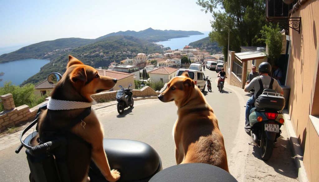 A warm, sun-drenched Rhodian landscape, captured through a wide-angle lens. In the foreground, a well-behaved canine companion sits patiently beside a local's moped, its rider ready to depart. The middle ground reveals an array of transportation options - taxis, scooters, and perhaps even a donkey-drawn cart, all accommodating the needs of both human and furry travelers. In the background, the winding streets of a quaint village lead towards the azure waters of the Aegean Sea, framed by lush, verdant hills. The overall atmosphere exudes the relaxed, carefree spirit of a Mediterranean island holiday, where man's best friend is a welcome companion on any journey. A warm, sun-drenched Rhodian landscape, captured through a wide-angle lens. In the foreground, a well-behaved canine companion sits patiently beside a local's moped, its rider ready to depart. The middle ground reveals an array of transportation options - taxis, scooters, and perhaps even a donkey-drawn cart, all accommodating the needs of both human and furry travelers. In the background, the winding streets of a quaint village lead towards the azure waters of the Aegean Sea, framed by lush, verdant hills. The overall atmosphere exudes the relaxed, carefree spirit of a Mediterranean island holiday, where man's best friend is a welcome companion on any journey.