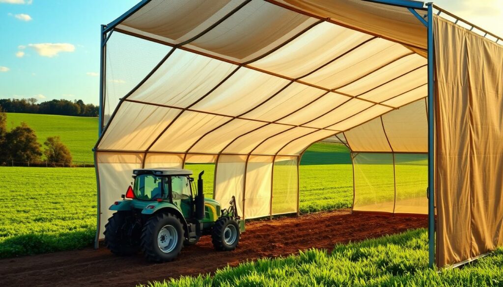 A weatherproof mobile agricultural shelter stands tall, its sturdy frame and translucent fabric panels shielding a verdant farming scene from the elements. Soft natural light filters through the covering, casting a warm glow on the sheltered workspace below. In the foreground, a tractor navigates the packed earth, ready to assist with seasonal tasks. Surrounding the shelter, lush green fields stretch out, creating a pastoral landscape. The composition conveys a sense of functionality, protection, and integration with the rural environment. Precise angles, balanced lighting, and attention to material textures enhance the realistic depiction of this practical, mobile agricultural solution. A weatherproof mobile agricultural shelter stands tall, its sturdy frame and translucent fabric panels shielding a verdant farming scene from the elements. Soft natural light filters through the covering, casting a warm glow on the sheltered workspace below. In the foreground, a tractor navigates the packed earth, ready to assist with seasonal tasks. Surrounding the shelter, lush green fields stretch out, creating a pastoral landscape. The composition conveys a sense of functionality, protection, and integration with the rural environment. Precise angles, balanced lighting, and attention to material textures enhance the realistic depiction of this practical, mobile agricultural solution.