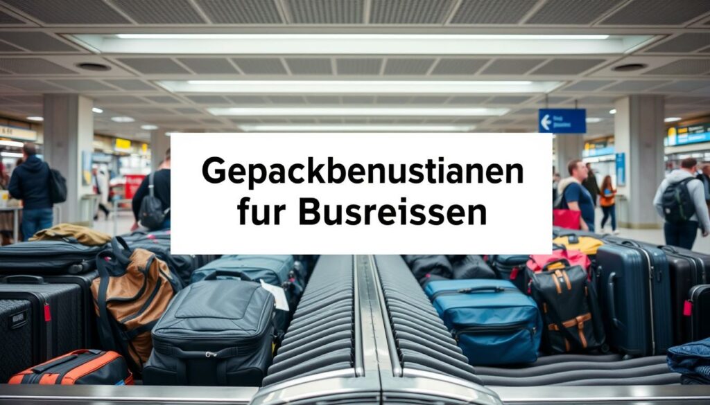 A well-organized, clearly labeled luggage carousel in a modern, well-lit bus station. In the foreground, an array of suitcases, backpacks, and travel bags in various sizes and colors. The middle ground features a large, prominently displayed sign with the text "Gepäckbestimmungen für Busreisen" (Baggage Regulations for Bus Trips) in a bold, legible font. The background showcases the bustling activity of the bus station, with passengers moving through the space. The overall atmosphere is one of efficiency, organization, and attention to detail, reflecting the practical nature of the subject matter. A well-organized, clearly labeled luggage carousel in a modern, well-lit bus station. In the foreground, an array of suitcases, backpacks, and travel bags in various sizes and colors. The middle ground features a large, prominently displayed sign with the text "Gepäckbestimmungen für Busreisen" (Baggage Regulations for Bus Trips) in a bold, legible font. The background showcases the bustling activity of the bus station, with passengers moving through the space. The overall atmosphere is one of efficiency, organization, and attention to detail, reflecting the practical nature of the subject matter.