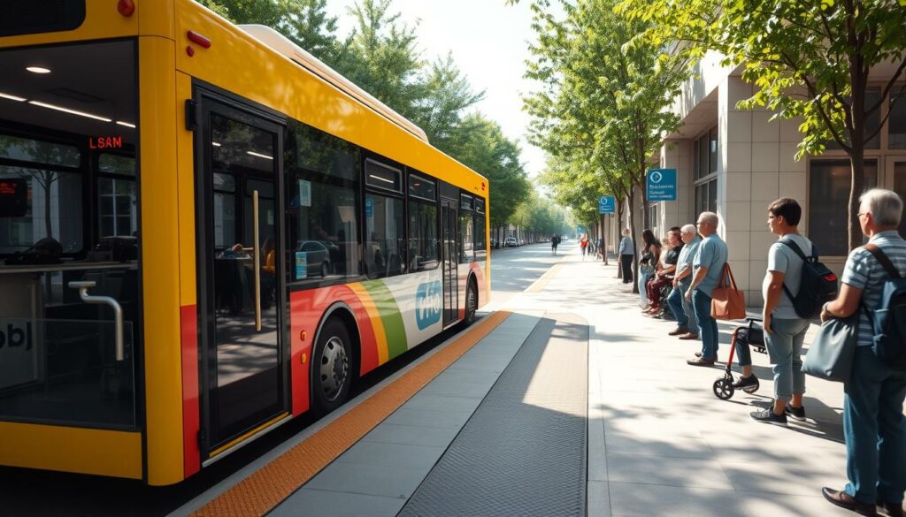 An accessible bus stop in a sun-dappled urban setting. The bus, painted in a cheerful color scheme, approaches the platform with a low-floor entry for easy boarding. The platform features tactile paving, handrails, and signage in high-contrast colors for the visually impaired. Passengers of varying abilities wait patiently, surrounded by lush greenery and modern architectural details. Soft, diffused lighting creates a welcoming atmosphere, while the composition emphasizes the inclusivity and accessibility of the public transportation system. An accessible bus stop in a sun-dappled urban setting. The bus, painted in a cheerful color scheme, approaches the platform with a low-floor entry for easy boarding. The platform features tactile paving, handrails, and signage in high-contrast colors for the visually impaired. Passengers of varying abilities wait patiently, surrounded by lush greenery and modern architectural details. Soft, diffused lighting creates a welcoming atmosphere, while the composition emphasizes the inclusivity and accessibility of the public transportation system.