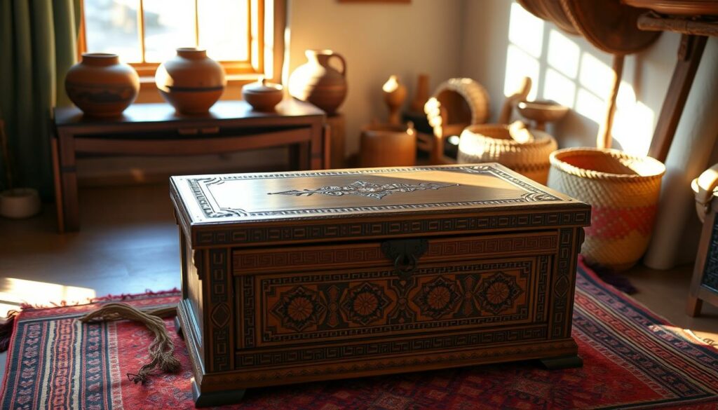 An ornate wooden chest, its surface adorned with intricate carvings and inlaid patterns, sits atop a hand-woven Namibian tapestry. Sunlight filters through a window, casting a warm glow on the scene. In the background, a display of traditional Himba clay pots and woven baskets hints at the rich cultural heritage of the region. The arrangement evokes a sense of timeless elegance, inviting the viewer to explore the captivating stories and traditions that these artifacts represent. An ornate wooden chest, its surface adorned with intricate carvings and inlaid patterns, sits atop a hand-woven Namibian tapestry. Sunlight filters through a window, casting a warm glow on the scene. In the background, a display of traditional Himba clay pots and woven baskets hints at the rich cultural heritage of the region. The arrangement evokes a sense of timeless elegance, inviting the viewer to explore the captivating stories and traditions that these artifacts represent.