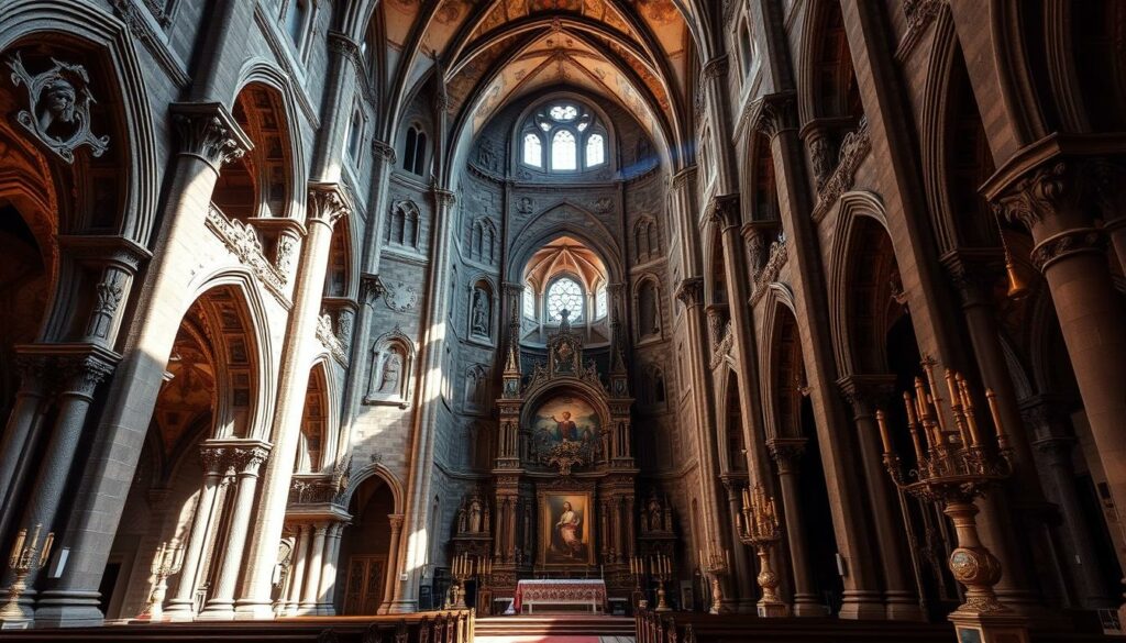 Architektur und Kunst Heiligtum Erzengels Michael: A grand, ornate medieval cathedral nestled atop a rugged mountain, its weathered stone facade and soaring bell tower commanding the landscape. Intricate carvings and frescoes adorn the interior, casting a warm, reverent glow from natural light streaming through stained glass windows. Towering columns support the vaulted ceilings, their shadows creating a sense of grandeur and spiritual contemplation. The altar is a resplendent showcase of Renaissance-era art and metalwork, flanked by ornate candlesticks and religious iconography. A serene, contemplative atmosphere pervades the space, inviting visitors to bask in the holy ambiance of this centuries-old sanctuary. Architektur und Kunst Heiligtum Erzengels Michael: A grand, ornate medieval cathedral nestled atop a rugged mountain, its weathered stone facade and soaring bell tower commanding the landscape. Intricate carvings and frescoes adorn the interior, casting a warm, reverent glow from natural light streaming through stained glass windows. Towering columns support the vaulted ceilings, their shadows creating a sense of grandeur and spiritual contemplation. The altar is a resplendent showcase of Renaissance-era art and metalwork, flanked by ornate candlesticks and religious iconography. A serene, contemplative atmosphere pervades the space, inviting visitors to bask in the holy ambiance of this centuries-old sanctuary.