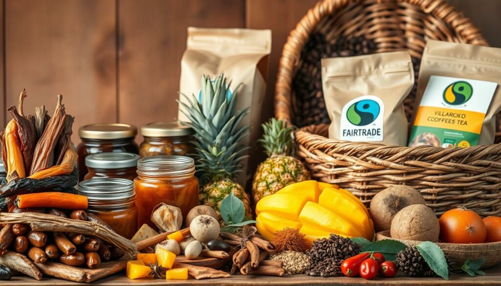 Kulinarische Mitbringsel Namibia: a vibrant still life of traditional Namibian delicacies. In the foreground, a colorful assortment of dried meats, biltong, and chutney jars. Mid-ground, fresh tropical fruits like mango and pineapple, alongside fragrant spices and herbs. In the background, a woven basket overflows with locally roasted coffee beans and bags of Fairtrade tea. Soft, warm lighting illuminates the earthy textures and rich colors, evoking the warmth and hospitality of Namibian cuisine. The composition is balanced and visually appealing, capturing the essence of Namibia's flavorful culinary traditions. Kulinarische Mitbringsel Namibia: a vibrant still life of traditional Namibian delicacies. In the foreground, a colorful assortment of dried meats, biltong, and chutney jars. Mid-ground, fresh tropical fruits like mango and pineapple, alongside fragrant spices and herbs. In the background, a woven basket overflows with locally roasted coffee beans and bags of Fairtrade tea. Soft, warm lighting illuminates the earthy textures and rich colors, evoking the warmth and hospitality of Namibian cuisine. The composition is balanced and visually appealing, capturing the essence of Namibia's flavorful culinary traditions.