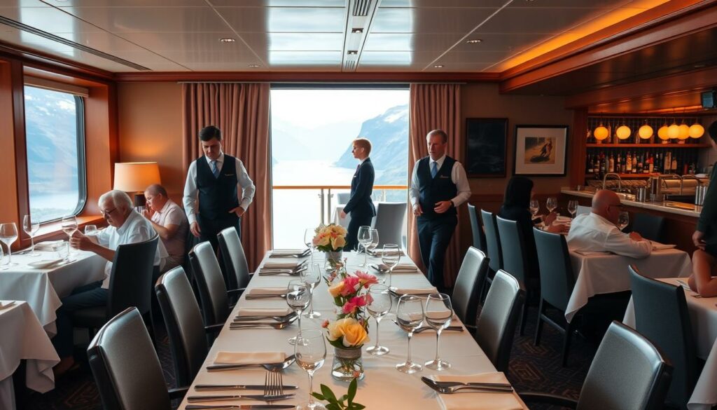 A cozy and inviting scene aboard a Hurtigruten cruise ship, showcasing the exquisite service and culinary offerings. In the foreground, a well-appointed dining area with crisp white tablecloths, gleaming silverware, and delicate floral arrangements. Servers in smart uniforms move gracefully, attending to the needs of satisfied passengers. The middle ground reveals a panoramic view through large windows, offering a breathtaking glimpse of Norway's rugged coastline and pristine fjords. Warm, natural lighting filters in, creating a serene and relaxing ambiance. In the background, a fully-stocked bar and lounge area, where guests can unwind and enjoy a selection of local delicacies and beverages. The overall scene conveys a sense of refined elegance, attentive hospitality, and the pure, untamed beauty of the Nordic landscape. A cozy and inviting scene aboard a Hurtigruten cruise ship, showcasing the exquisite service and culinary offerings. In the foreground, a well-appointed dining area with crisp white tablecloths, gleaming silverware, and delicate floral arrangements. Servers in smart uniforms move gracefully, attending to the needs of satisfied passengers. The middle ground reveals a panoramic view through large windows, offering a breathtaking glimpse of Norway's rugged coastline and pristine fjords. Warm, natural lighting filters in, creating a serene and relaxing ambiance. In the background, a fully-stocked bar and lounge area, where guests can unwind and enjoy a selection of local delicacies and beverages. The overall scene conveys a sense of refined elegance, attentive hospitality, and the pure, untamed beauty of the Nordic landscape.