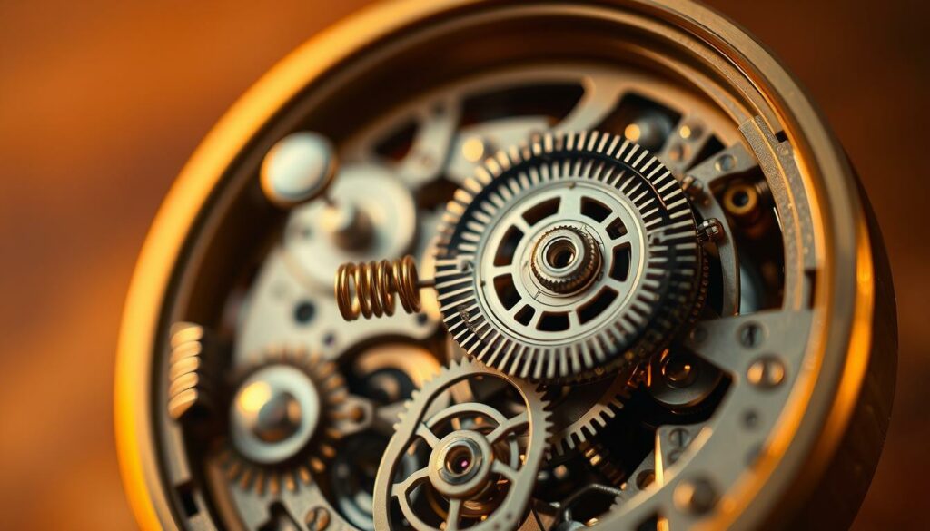 A meticulously crafted timepiece mechanism, its intricate gears and springs capturing the essence of technical timekeeping. The scene is bathed in a warm, amber glow, casting a soft, contemplative atmosphere. In the foreground, the delicate escapement mechanism oscillates rhythmically, its precise movements conveying the essence of the measurement of time. In the middle ground, a series of precision-engineered cogs and wheels intertwine, their polished surfaces gleaming under the gentle lighting. The background features a subtle, muted gradient, allowing the mechanical components to take center stage, highlighting the technical virtuosity involved in the creation of this timeless device.
