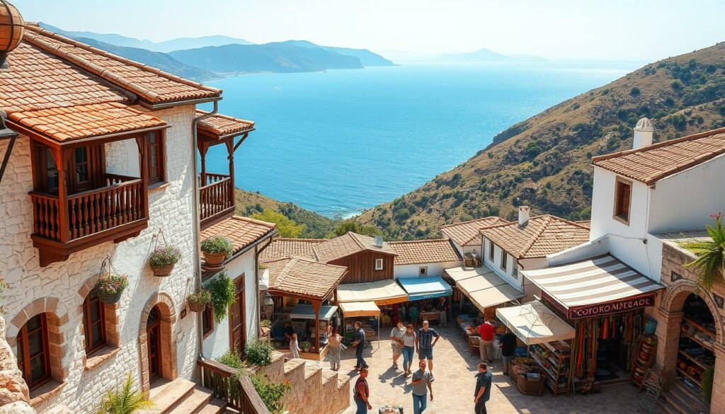 A picturesque Turkish village nestled between rolling hills, with whitewashed stone houses and terra-cotta roofs. In the foreground, a charming traditional Turkish inn, its wooden balconies and ornate windows inviting weary travelers to rest. In the middle ground, a bustling marketplace, where local vendors sell vibrant textiles, fragrant spices, and handcrafted pottery. The background features a stunning vista of the Aegean Sea, its turquoise waters glistening under the warm Mediterranean sun. The overall atmosphere is one of tranquility and cultural immersion, perfectly capturing the essence of a long-term stay in the captivating country of Turkey.