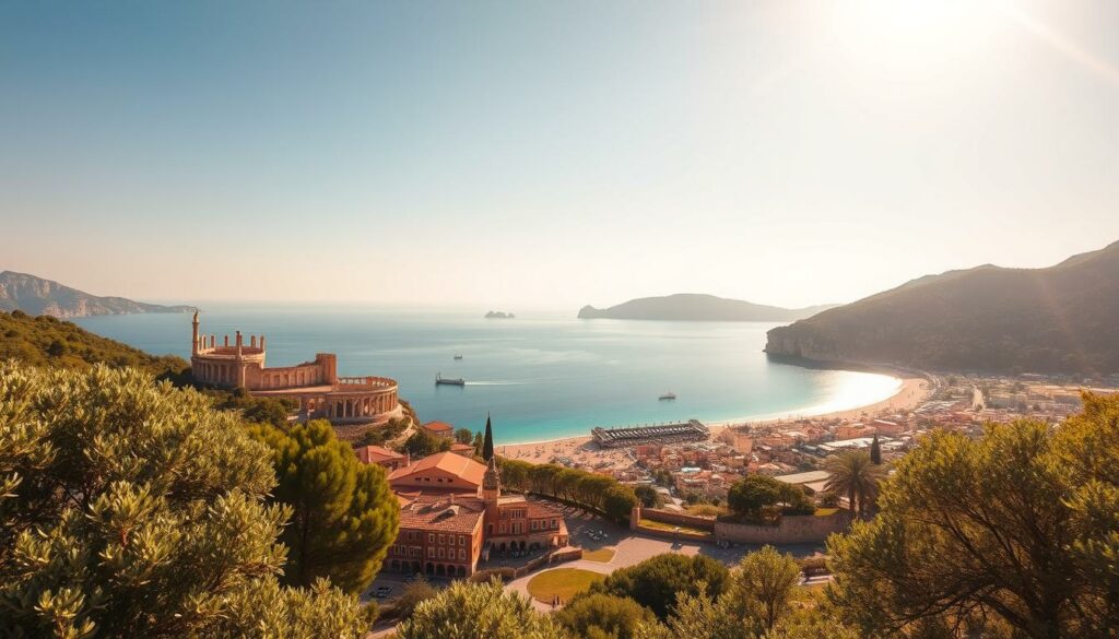 A sun-drenched coastal paradise along the turquoise waters of the Aegean Sea, the Turkish Riviera unfolds with pristine beaches, idyllic fishing villages, and verdant hillsides blanketed in olive groves and fragrant citrus orchards. Majestic ancient ruins, such as the well-preserved amphitheater of Aspendos, rise majestically against a backdrop of dramatic cliffs. Vibrant resort towns like Antalya and Alanya beckon with bustling harbors, lively promenades, and mouthwatering local cuisine. Capturing the essence of a relaxing, long-term getaway in Turkey, this image showcases the region's stunning natural beauty and cultural riches through a wide, cinematic lens, illuminated by warm, golden Mediterranean light.