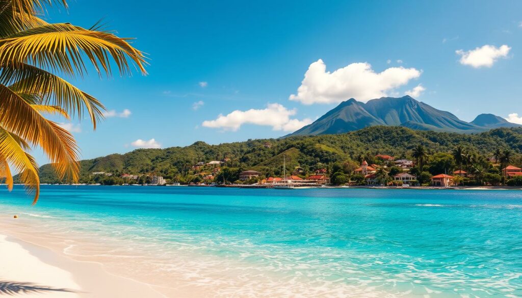 A sun-drenched tropical paradise, azure waters lapping against white sandy beaches, swaying palm trees casting gentle shadows. In the foreground, a tranquil lagoon reflects the vibrant hues of the sky, inviting visitors to bask in the serenity. The middle ground features lush, verdant hills dotted with charming villages, their red-tiled roofs and winding streets evoking a timeless, relaxed atmosphere. In the distance, majestic volcanic peaks rise, their rugged silhouettes creating a dramatic backdrop. Warm, golden light bathes the entire scene, imbuing it with a sense of warmth and relaxation. This is the quintessential image of the best islands for a long-term vacation, a tropical haven where one can truly unwind and immerse themselves in the beauty of nature.