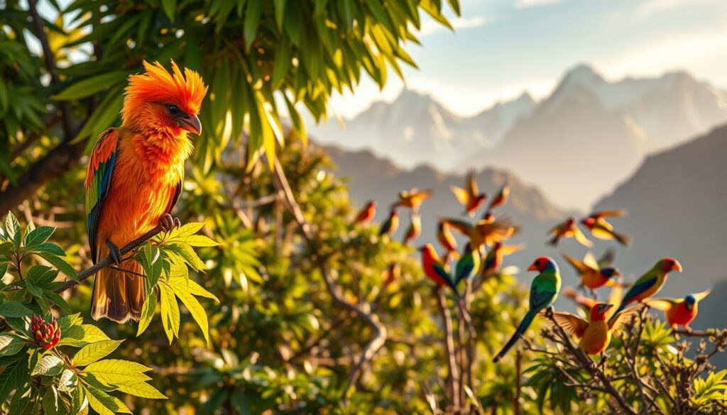 A vibrant aviary scene showcasing the diverse avifauna of the Andean region. In the foreground, a resplendent Andean Cock-of-the-Rock perches atop a lush, verdant branch, its vivid orange plumage gleaming in the soft, warm light. In the middle ground, a flock of brilliantly hued tanagers flits between the dappled foliage, their iridescent feathers catching the rays of the sun. In the background, the majestic silhouettes of snow-capped Andean peaks rise, creating a dramatic and awe-inspiring backdrop for this avian paradise. The scene is imbued with a sense of tranquility and wonder, capturing the essence of the diverse and captivating birdlife found in the Andean region. A vibrant aviary scene showcasing the diverse avifauna of the Andean region. In the foreground, a resplendent Andean Cock-of-the-Rock perches atop a lush, verdant branch, its vivid orange plumage gleaming in the soft, warm light. In the middle ground, a flock of brilliantly hued tanagers flits between the dappled foliage, their iridescent feathers catching the rays of the sun. In the background, the majestic silhouettes of snow-capped Andean peaks rise, creating a dramatic and awe-inspiring backdrop for this avian paradise. The scene is imbued with a sense of tranquility and wonder, capturing the essence of the diverse and captivating birdlife found in the Andean region.