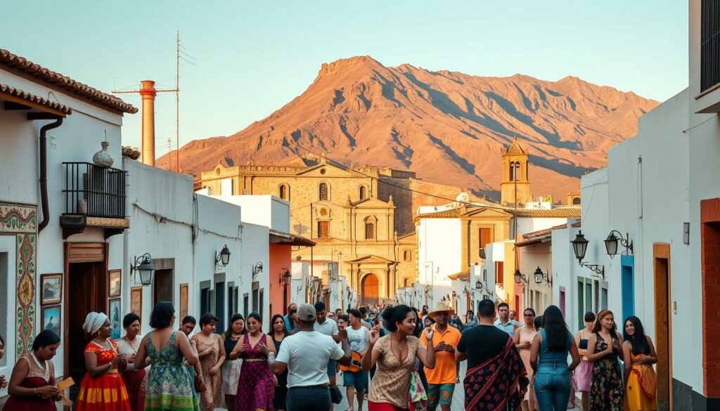 A vibrant cultural mosaic unfolds against the backdrop of the Canary Islands. In the foreground, a lively street scene showcases traditional Canarian architecture, with whitewashed buildings adorned with colorful murals and intricate tile work. Locals dressed in festive attire engage in spirited music and dance, their movements captured in an intimate, cinematic style. The middle ground features iconic landmarks, such as an ancient stone fortress or a historic church, bathed in warm, golden light. In the distance, the rugged volcanic landscape rises, creating a dramatic, otherworldly setting. The overall atmosphere conveys a sense of timeless tradition, rich heritage, and the enduring spirit of the Canarian people.