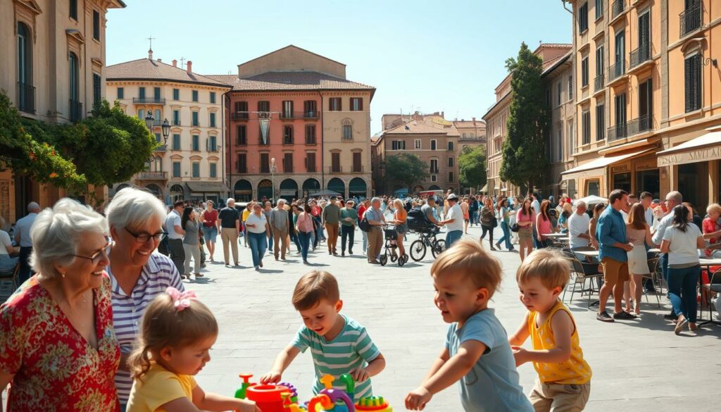 A warm, sun-drenched piazza in a picturesque Italian town, with families strolling and gathered around outdoor cafes. In the foreground, a group of children play with colorful toys, their laughter filling the air. Grandparents watch over them, smiling contentedly. The middle ground features parents pushing strollers and chatting with friends, while street performers entertain the crowd. In the background, historic buildings with ornate facades and lush greenery create a charming, inviting atmosphere. The scene is bathed in a soft, golden light, conveying a sense of comfort, togetherness, and the quintessential Italian family-friendly experience. A warm, sun-drenched piazza in a picturesque Italian town, with families strolling and gathered around outdoor cafes. In the foreground, a group of children play with colorful toys, their laughter filling the air. Grandparents watch over them, smiling contentedly. The middle ground features parents pushing strollers and chatting with friends, while street performers entertain the crowd. In the background, historic buildings with ornate facades and lush greenery create a charming, inviting atmosphere. The scene is bathed in a soft, golden light, conveying a sense of comfort, togetherness, and the quintessential Italian family-friendly experience.