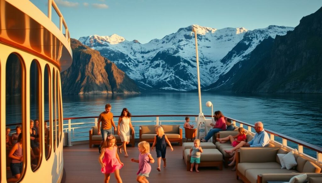 A warm, vibrant family cruise ship sailing through scenic Norwegian fjords. In the foreground, a group of children playing happily on the deck, while parents relax nearby. The middle ground features a cozy outdoor lounge area with plush seating and panoramic windows showcasing the rugged coastal landscape. In the background, towering snow-capped mountains rise majestically, their peaks glowing in the soft, golden light of the setting sun. The atmosphere is one of relaxation, adventure, and togetherness - a perfect setting for a memorable family vacation.