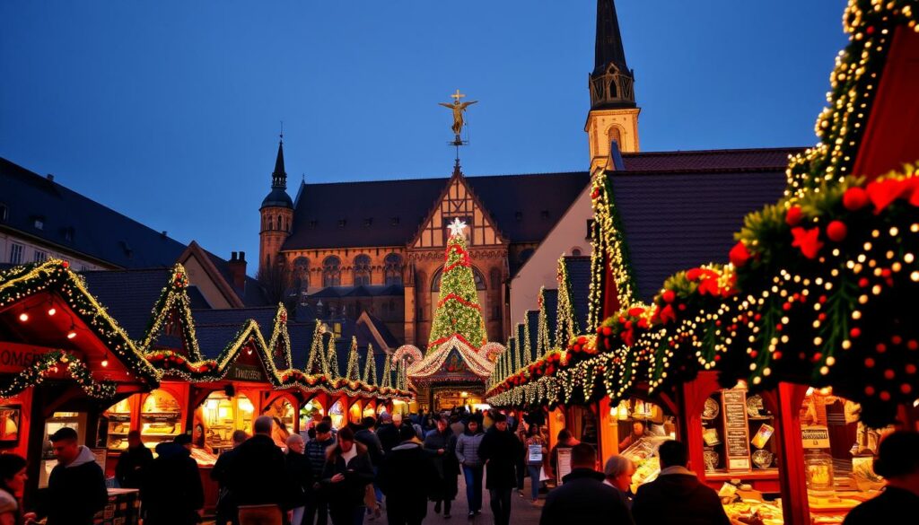 A bustling Christkindlesmarkt in the heart of Nürnberg, the iconic old-world charm of its wooden stalls and twinkling lights capturing the festive spirit. In the foreground, visitors stroll amidst the vibrant array of handcrafted gifts, traditional Nuremberg sausages, and steaming mugs of Glühwein. The middle ground features the grand medieval architecture of the Frauenkirche, its spires reaching skyward. In the distance, the towering Christkind statue presides over the scene, a symbolic representation of the market's enduring legacy. Soft, warm lighting bathes the entire landscape, creating a cozy, inviting atmosphere that embodies the essence of a Bavarian Christmas.