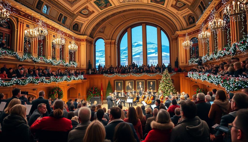 A bustling Christmas concert in the heart of Oslo, Norway. A grand concert hall with ornate architecture, adorned with twinkling lights and festive garlands. The stage is set with a symphony orchestra performing traditional Norwegian holiday tunes, their music echoing through the vaulted ceilings. The audience, bundled in warm coats and scarves, sits enraptured, their faces aglow with the spirit of the season. In the background, snow-capped mountains and the iconic Oslo Opera House can be seen through the windows, adding to the cozy, winter wonderland atmosphere. Soft, warm lighting illuminates the scene, casting a magical glow over the entire event. A bustling Christmas concert in the heart of Oslo, Norway. A grand concert hall with ornate architecture, adorned with twinkling lights and festive garlands. The stage is set with a symphony orchestra performing traditional Norwegian holiday tunes, their music echoing through the vaulted ceilings. The audience, bundled in warm coats and scarves, sits enraptured, their faces aglow with the spirit of the season. In the background, snow-capped mountains and the iconic Oslo Opera House can be seen through the windows, adding to the cozy, winter wonderland atmosphere. Soft, warm lighting illuminates the scene, casting a magical glow over the entire event.