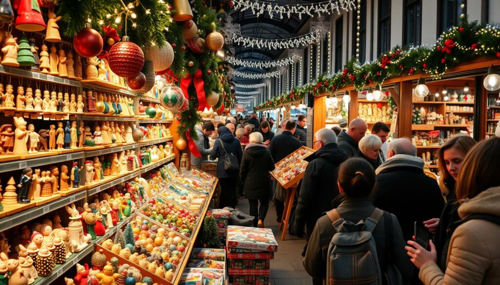 A bustling Christmas market in Hamburg, Germany, showcasing the finest handcrafted wares. In the foreground, a crowd of shoppers browse an array of colorful, unique gift items - intricately carved wooden figurines, delicate glass ornaments, cozy knitted accessories, and more. The middle ground reveals artisans skillfully demonstrating their craft, their hands bringing life to traditional holiday creations. In the background, the warm glow of twinkling lights and festive decor sets the enchanting mood, while the sound of joyful chatter and Christmas carols fills the air. Captured with a wide-angle lens, this scene evokes the festive spirit and the delight of finding the perfect handmade treasure at a traditional German Christmas market.