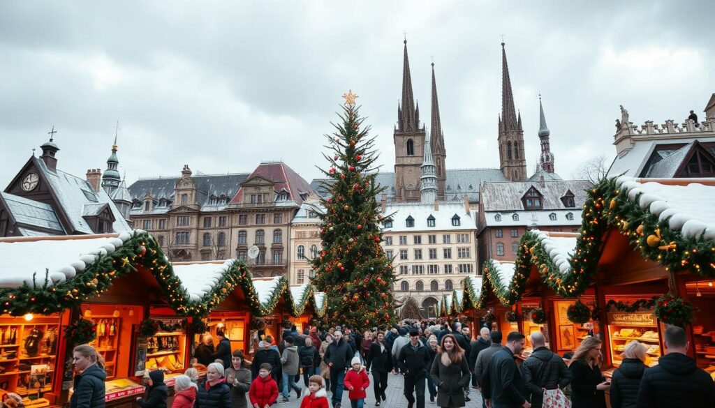 A bustling Christmas market in Munich, with charming wooden stalls and twinkling lights casting a warm, festive glow. In the foreground, families stroll through the market, children's laughter and the aroma of gingerbread filling the air. Vendors offer an array of handmade toys, delectable treats, and traditional holiday crafts. In the middle ground, a large Christmas tree stands tall, decorated with ornaments and surrounded by a crowd of merry revelers. In the background, the historic architecture of Munich's old town provides a picturesque backdrop, with snow-dusted rooftops and church spires reaching up to the cloudy, winter sky. The atmosphere is cozy, inviting, and perfect for a family-friendly holiday experience. A bustling Christmas market in Munich, with charming wooden stalls and twinkling lights casting a warm, festive glow. In the foreground, families stroll through the market, children's laughter and the aroma of gingerbread filling the air. Vendors offer an array of handmade toys, delectable treats, and traditional holiday crafts. In the middle ground, a large Christmas tree stands tall, decorated with ornaments and surrounded by a crowd of merry revelers. In the background, the historic architecture of Munich's old town provides a picturesque backdrop, with snow-dusted rooftops and church spires reaching up to the cloudy, winter sky. The atmosphere is cozy, inviting, and perfect for a family-friendly holiday experience.