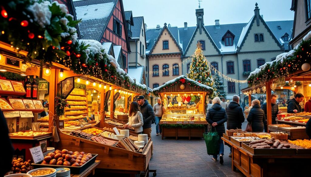 A bustling Christmas market in a cozy European town, showcasing an array of tempting culinary delights. In the foreground, an assortment of traditional holiday treats, such as gingerbread, mulled wine, and roasted chestnuts, are displayed on rustic wooden stalls. The middle ground features vendors offering regional specialties, including sausages, cheeses, and handcrafted pastries, with the aroma of freshly baked goods filling the air. In the background, a picturesque winter scene unfolds, with twinkling lights adorning the surrounding buildings and a gentle snowfall adding to the enchanting atmosphere. The lighting is warm and inviting, capturing the festive spirit of the market. A bustling Christmas market in a cozy European town, showcasing an array of tempting culinary delights. In the foreground, an assortment of traditional holiday treats, such as gingerbread, mulled wine, and roasted chestnuts, are displayed on rustic wooden stalls. The middle ground features vendors offering regional specialties, including sausages, cheeses, and handcrafted pastries, with the aroma of freshly baked goods filling the air. In the background, a picturesque winter scene unfolds, with twinkling lights adorning the surrounding buildings and a gentle snowfall adding to the enchanting atmosphere. The lighting is warm and inviting, capturing the festive spirit of the market.