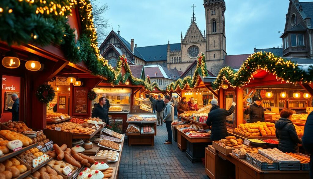 A bustling Christmas market in a historic German city, filled with an abundance of mouthwatering culinary delights. In the foreground, an array of handcrafted pastries, gingerbread, and traditional holiday sweets arranged on quaint wooden stalls, their warm, spicy aromas wafting through the crisp air. In the middle ground, vendors offering hearty roasted meats, sizzling sausages, and steaming mugs of mulled wine, their colorful stalls adorned with twinkling fairy lights. In the background, the silhouettes of a historic cathedral and cobblestone streets, creating a cozy, festive atmosphere. The scene is illuminated by a soft, golden glow, capturing the essence of the cherished Weihnachtsmarkt tradition. A bustling Christmas market in a historic German city, filled with an abundance of mouthwatering culinary delights. In the foreground, an array of handcrafted pastries, gingerbread, and traditional holiday sweets arranged on quaint wooden stalls, their warm, spicy aromas wafting through the crisp air. In the middle ground, vendors offering hearty roasted meats, sizzling sausages, and steaming mugs of mulled wine, their colorful stalls adorned with twinkling fairy lights. In the background, the silhouettes of a historic cathedral and cobblestone streets, creating a cozy, festive atmosphere. The scene is illuminated by a soft, golden glow, capturing the essence of the cherished Weihnachtsmarkt tradition.