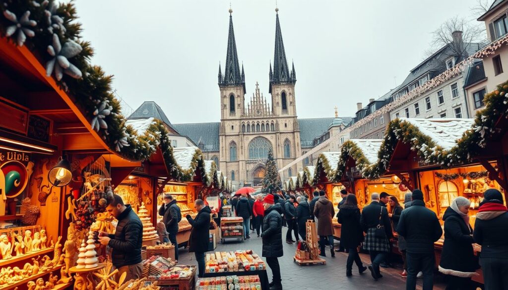 A bustling Christmas market in the heart of Munich, Germany. In the foreground, a vibrant display of handcrafted artisanal wares - wooden figurines, intricate ornaments, and unique gift items. Vendors in traditional Bavarian attire tend to their cozy stalls, creating an atmosphere of warmth and festivity. In the middle ground, the iconic spires of the Frauenkirche cathedral rise majestically, their gothic silhouettes dusted with a light snowfall. The background is filled with the lively chatter of shoppers, the aroma of mulled wine and gingerbread, and the gentle glow of twinkling lights strung across the market square. Captured through a wide-angle lens, the scene exudes the charm and enchantment of a quintessential Weihnachtsmarkt in Munich. A bustling Christmas market in the heart of Munich, Germany. In the foreground, a vibrant display of handcrafted artisanal wares - wooden figurines, intricate ornaments, and unique gift items. Vendors in traditional Bavarian attire tend to their cozy stalls, creating an atmosphere of warmth and festivity. In the middle ground, the iconic spires of the Frauenkirche cathedral rise majestically, their gothic silhouettes dusted with a light snowfall. The background is filled with the lively chatter of shoppers, the aroma of mulled wine and gingerbread, and the gentle glow of twinkling lights strung across the market square. Captured through a wide-angle lens, the scene exudes the charm and enchantment of a quintessential Weihnachtsmarkt in Munich.
