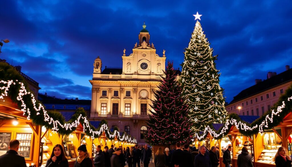 A bustling Christmas market in the heart of Vienna, the Christkindlmarkt at Rathausplatz comes alive with twinkling lights and the scent of mulled wine. Rows of charming wooden stalls offer handcrafted ornaments, festive treats, and unique gifts against the backdrop of the majestic Neoclassical Rathaus building, its facade illuminated by a dazzling display of lights. In the foreground, visitors wander through the market, their faces aglow in the warm, golden light, creating a cozy and festive atmosphere. The night sky is painted in deep blues and purples, adding to the magical ambiance, while the market's towering Christmas tree stands tall, adorned with shimmering decorations that seem to dance in the gentle breeze. A bustling Christmas market in the heart of Vienna, the Christkindlmarkt at Rathausplatz comes alive with twinkling lights and the scent of mulled wine. Rows of charming wooden stalls offer handcrafted ornaments, festive treats, and unique gifts against the backdrop of the majestic Neoclassical Rathaus building, its facade illuminated by a dazzling display of lights. In the foreground, visitors wander through the market, their faces aglow in the warm, golden light, creating a cozy and festive atmosphere. The night sky is painted in deep blues and purples, adding to the magical ambiance, while the market's towering Christmas tree stands tall, adorned with shimmering decorations that seem to dance in the gentle breeze.