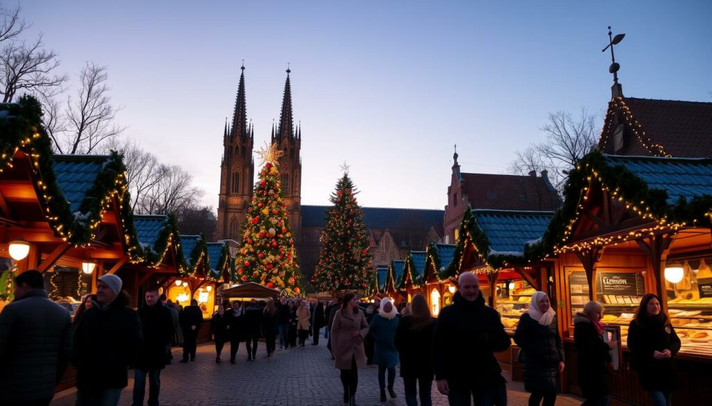 A bustling Christmas market scene at dusk, the air crisp and festive. In the foreground, a group of visitors stroll the cobblestone path, bundled in warm coats and scarves, browsing the charming wooden stalls adorned with twinkling lights. The middle ground features a large, ornately decorated Christmas tree, surrounded by vendors selling steaming mugs of mulled wine and roasted chestnuts. In the background, the spires of a historic cathedral loom, their silhouettes cast against a dusky, golden sky. Soft, warm lighting illuminates the festivities, creating a cozy, inviting atmosphere. An idyllic winter wonderland, capturing the essence of a traditional German Christmas market visit.