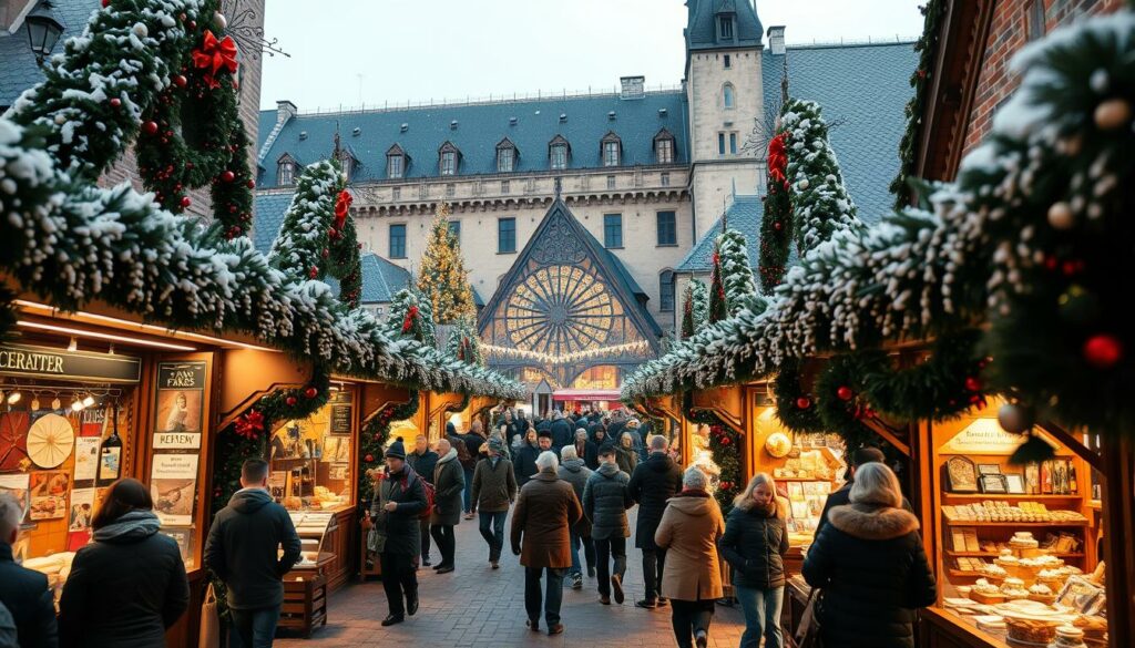 A bustling European Christmas market scene, captured with a wide-angle lens to showcase the vibrant atmosphere. In the foreground, stalls adorned with festive decorations and vendor stands selling handcrafted goods, hot drinks, and seasonal treats. The middle ground features a mix of locals and tourists, bundled up against the crisp winter air, as they browse the market's offerings. In the background, historic architecture and twinkling lights create a warm, cozy ambiance. Soft, diffused lighting illuminates the scene, casting a golden glow and emphasizing the charming, traditional feel of the Weihnachtsmarkt. An inviting, immersive composition that captures the practical information visitors would need to navigate and enjoy this quintessential European holiday experience. A bustling European Christmas market scene, captured with a wide-angle lens to showcase the vibrant atmosphere. In the foreground, stalls adorned with festive decorations and vendor stands selling handcrafted goods, hot drinks, and seasonal treats. The middle ground features a mix of locals and tourists, bundled up against the crisp winter air, as they browse the market's offerings. In the background, historic architecture and twinkling lights create a warm, cozy ambiance. Soft, diffused lighting illuminates the scene, casting a golden glow and emphasizing the charming, traditional feel of the Weihnachtsmarkt. An inviting, immersive composition that captures the practical information visitors would need to navigate and enjoy this quintessential European holiday experience.
