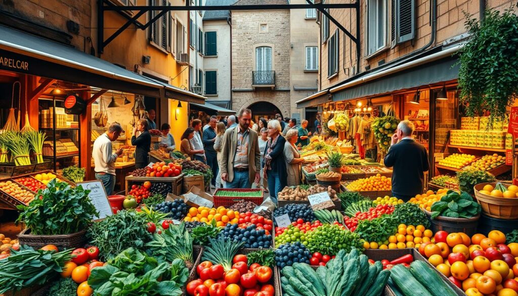 A bustling French market scene, overflowing with an array of local produce and artisanal wares. In the foreground, colorful displays of freshly harvested vegetables, fragrant herbs, and plump fruits await eager shoppers. In the middle ground, a lively mix of vendors and patrons intermingle, their animated conversations and the joyful clamor creating a convivial atmosphere. The background is anchored by the quaint facades of historical buildings, their weathered stones and charming architectural details lending a timeless ambiance to the setting. Warm, golden lighting filters through the scene, casting a cozy glow and heightening the sense of an authentic, immersive experience. This is a scene that captures the essence of French culinary traditions, celebrating the artistry and community spirit at the heart of local markets. A bustling French market scene, overflowing with an array of local produce and artisanal wares. In the foreground, colorful displays of freshly harvested vegetables, fragrant herbs, and plump fruits await eager shoppers. In the middle ground, a lively mix of vendors and patrons intermingle, their animated conversations and the joyful clamor creating a convivial atmosphere. The background is anchored by the quaint facades of historical buildings, their weathered stones and charming architectural details lending a timeless ambiance to the setting. Warm, golden lighting filters through the scene, casting a cozy glow and heightening the sense of an authentic, immersive experience. This is a scene that captures the essence of French culinary traditions, celebrating the artistry and community spirit at the heart of local markets.