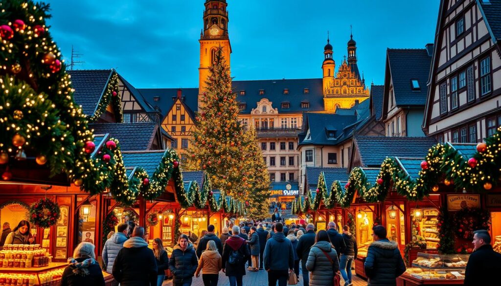 A bustling German Christmas market at dusk, with rows of wooden stalls adorned with twinkling fairy lights, garlands, and ornaments. In the foreground, a group of visitors stroll past the charming vendors selling handmade crafts, mulled wine, and roasted chestnuts. The middle ground features a large central square with a towering Christmas tree, surrounded by a crowd of merry shoppers. In the background, the historic buildings of the old town loom, their facades bathed in a warm, golden glow. The scene conveys a cozy, festive atmosphere, inviting the viewer to immerse themselves in the delightful sights, sounds, and smells of the Christmas market. A bustling German Christmas market at dusk, with rows of wooden stalls adorned with twinkling fairy lights, garlands, and ornaments. In the foreground, a group of visitors stroll past the charming vendors selling handmade crafts, mulled wine, and roasted chestnuts. The middle ground features a large central square with a towering Christmas tree, surrounded by a crowd of merry shoppers. In the background, the historic buildings of the old town loom, their facades bathed in a warm, golden glow. The scene conveys a cozy, festive atmosphere, inviting the viewer to immerse themselves in the delightful sights, sounds, and smells of the Christmas market.