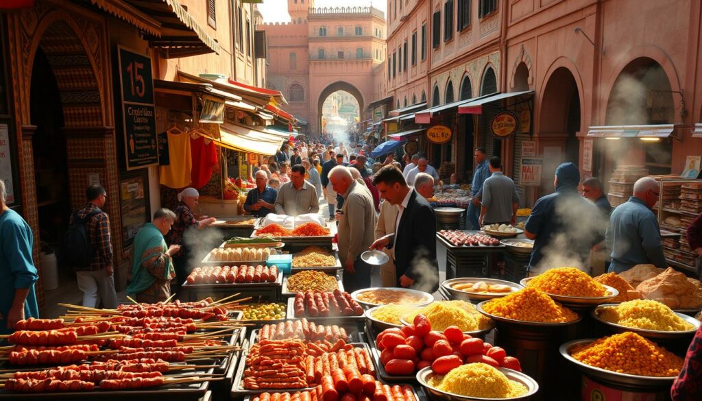 A bustling Moroccan street market, bathed in warm, golden sunlight. In the foreground, a vibrant array of freshly grilled kebabs, sizzling merguez sausages, and steaming plates of couscous. Vendors in colorful djellabas call out their wares, enticing passersby with the tantalizing aromas of spices and herbs. In the middle ground, a maze of stalls selling aromatic tagines, crisp flatbreads, and sweet pastries. People of all ages and backgrounds mingle, sampling the diverse culinary delights. The background is filled with the iconic architecture of Marrakech, with its ornate doorways, intricate tiles, and towering minarets. The overall scene captures the vibrant, lively, and accessible nature of Moroccan street food. A bustling Moroccan street market, bathed in warm, golden sunlight. In the foreground, a vibrant array of freshly grilled kebabs, sizzling merguez sausages, and steaming plates of couscous. Vendors in colorful djellabas call out their wares, enticing passersby with the tantalizing aromas of spices and herbs. In the middle ground, a maze of stalls selling aromatic tagines, crisp flatbreads, and sweet pastries. People of all ages and backgrounds mingle, sampling the diverse culinary delights. The background is filled with the iconic architecture of Marrakech, with its ornate doorways, intricate tiles, and towering minarets. The overall scene captures the vibrant, lively, and accessible nature of Moroccan street food.