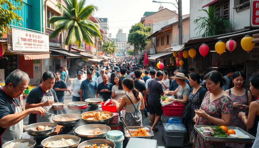A bustling Vietnamese street market, vibrant with the aroma of sizzling street food. In the foreground, vendors skillfully prepare steaming bowls of pho, banh mi sandwiches, and other signature dishes. The middle ground features a lively crowd of locals and tourists, eagerly sampling the diverse culinary offerings. In the background, a backdrop of colorful buildings, lush tropical foliage, and the bustling energy of a thriving urban center. Natural lighting casts a warm, inviting glow, captured through a wide-angle lens to showcase the dynamic scene. The overall atmosphere evokes the rich, flavorful, and immersive experience of Vietnamese street food culture. A bustling Vietnamese street market, vibrant with the aroma of sizzling street food. In the foreground, vendors skillfully prepare steaming bowls of pho, banh mi sandwiches, and other signature dishes. The middle ground features a lively crowd of locals and tourists, eagerly sampling the diverse culinary offerings. In the background, a backdrop of colorful buildings, lush tropical foliage, and the bustling energy of a thriving urban center. Natural lighting casts a warm, inviting glow, captured through a wide-angle lens to showcase the dynamic scene. The overall atmosphere evokes the rich, flavorful, and immersive experience of Vietnamese street food culture.