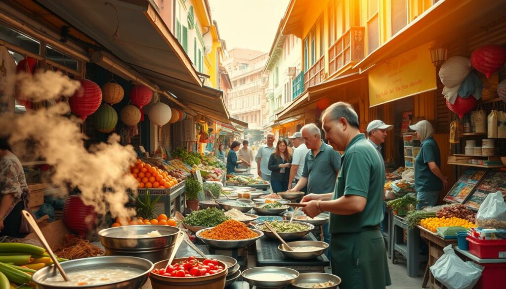 A bustling Vietnamese street market, with vibrant stalls offering an array of local delicacies. In the foreground, a vendor skillfully prepares a steaming bowl of pho, the aroma wafting through the air. In the middle ground, people browse through an assortment of fresh fruits, vegetables, and spices, chatting with the friendly merchants. The background is a tapestry of colorful buildings, their facades adorned with intricate architectural details. Warm, golden sunlight filters through the scene, creating a cozy, inviting atmosphere. The overall impression is one of authentic Vietnamese culture and the joy of discovering new culinary experiences.