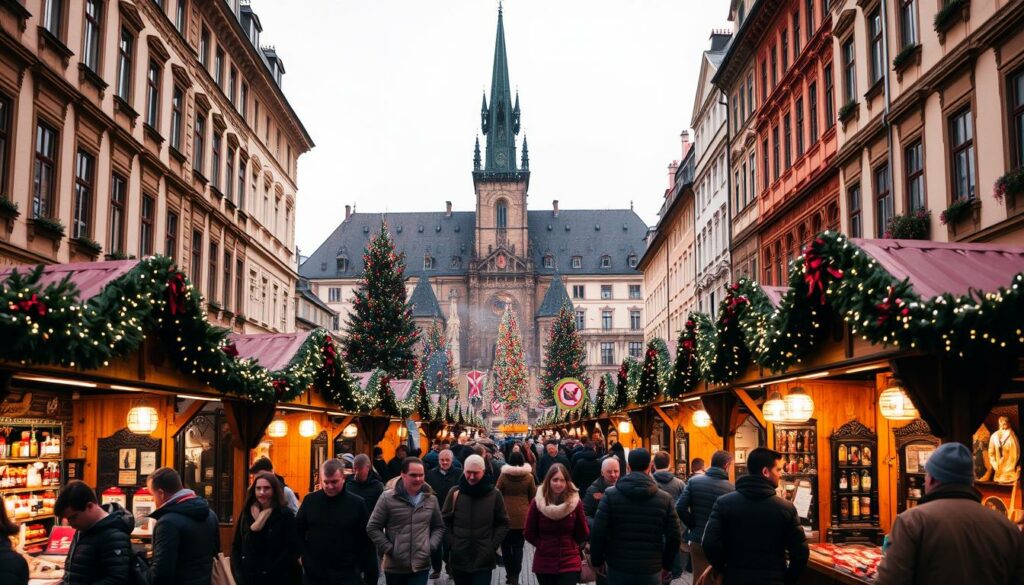 A bustling Weihnachtsmarkt (Christmas market) in the heart of Wenzelsplatz, Prague. The iconic buildings of the historic square frame the scene, their facades adorned with twinkling lights and decorations. In the foreground, rows of wooden stalls sell traditional Czech crafts, mulled wine, and roasted chestnuts, their warm aromas filling the crisp winter air. Shoppers meander through the lively market, bundled up against the cold, their breath visible in the soft, diffused lighting. In the background, the towering St. Wenceslas statue watches over the festivities, a symbol of the city's rich cultural heritage. The atmosphere is festive, inviting, and quintessentially Bohemian, capturing the essence of a Prague Christmas.