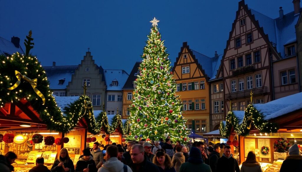 A bustling Weihnachtsmarkt in the heart of a picturesque German town, illuminated by the warm glow of twinkling lights and charming wooden stalls. In the foreground, a crowd of festive visitors browse an array of handcrafted ornaments, steaming mugs of mulled wine, and delectable holiday treats. The middle ground features a towering, beautifully decorated Christmas tree, its branches sparkling with an array of dazzling ornaments. In the background, the historic buildings of the town square are blanketed in a light dusting of snow, their facades adorned with traditional decorations. The scene radiates a cozy, enchanting atmosphere, capturing the magic and wonder of the Christmas season.