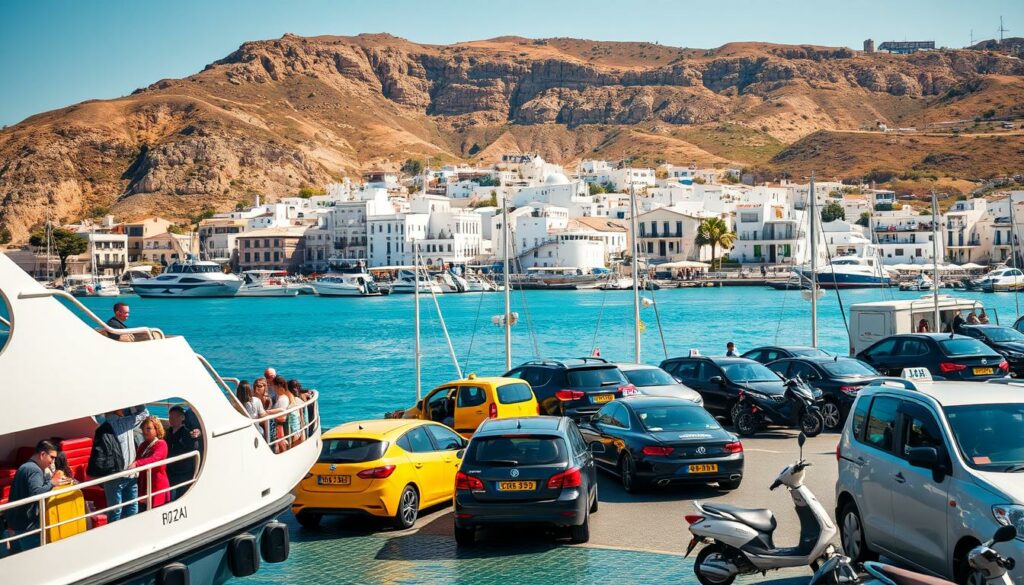 A bustling harbor on the island of Ibiza, Spain. In the foreground, a ferry disembarking passengers, their luggage and belongings in tow. The middle ground features a variety of transportation options - taxis, rental cars, and mopeds, all waiting to whisk visitors away to their island destinations. In the background, the iconic whitewashed buildings of Ibiza Town rise up, nestled between the azure Mediterranean waters and the rugged, sun-dappled hills. Warm, golden light bathes the scene, evoking the relaxed, vibrant atmosphere of the island. The overall composition captures the essence of arriving and getting around on this popular holiday destination.