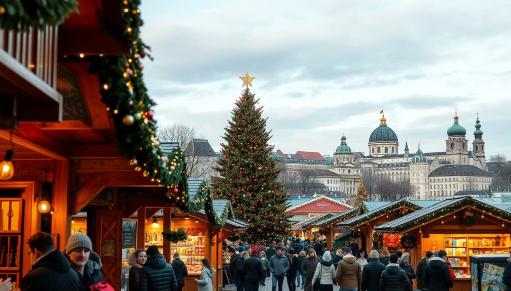 A bustling international Christmas market in Berlin, showcasing the cultural diversity of the city. The foreground features a variety of traditional wooden stalls, offering handcrafted goods, hot mulled wine, and festive treats from around the world. In the middle ground, a large Christmas tree adorned with twinkling lights stands tall, surrounded by cheerful crowds browsing the stalls. The background is a picturesque city skyline, with historic buildings and monuments illuminated against a crisp, winter sky. Soft, warm lighting creates a cozy and inviting atmosphere, capturing the essence of Berlin's vibrant holiday celebrations. A bustling international Christmas market in Berlin, showcasing the cultural diversity of the city. The foreground features a variety of traditional wooden stalls, offering handcrafted goods, hot mulled wine, and festive treats from around the world. In the middle ground, a large Christmas tree adorned with twinkling lights stands tall, surrounded by cheerful crowds browsing the stalls. The background is a picturesque city skyline, with historic buildings and monuments illuminated against a crisp, winter sky. Soft, warm lighting creates a cozy and inviting atmosphere, capturing the essence of Berlin's vibrant holiday celebrations.