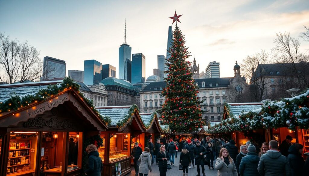 A bustling modern Christmas market in the heart of Frankfurt, Germany. In the foreground, festive wooden stalls adorned with twinkling lights and intricate carvings offer an array of handmade crafts, steaming mulled wine, and fragrant baked treats. The middle ground features a towering Christmas tree, its branches laden with sparkling ornaments, surrounded by a throng of merry shoppers. In the background, the iconic skyline of Frankfurt rises, its sleek skyscrapers and historic buildings bathed in a warm, golden glow from the setting sun. The atmosphere is one of joyful celebration, blending the traditional and the contemporary in a captivating winter wonderland.