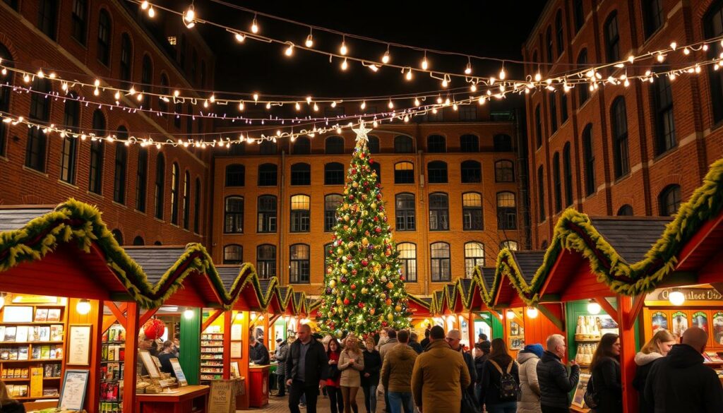 A bustling outdoor Christmas market in the vibrant Westergas district of Amsterdam. In the foreground, a cluster of colorful, artisanal wooden stalls offering handcrafted gifts, seasonal treats, and hot mulled wine. Strings of twinkling lights crisscross overhead, casting a warm glow over the lively scene. In the middle ground, a towering Christmas tree adorned with whimsical ornaments stands as the centerpiece, surrounded by groups of festive shoppers. In the background, the historic brick buildings of the Westergas complex lend an atmospheric, industrial charm to the setting. The entire scene has a playful, funky energy, with a mix of traditional and contemporary elements that capture the unique character of this beloved Amsterdam holiday tradition. A bustling outdoor Christmas market in the vibrant Westergas district of Amsterdam. In the foreground, a cluster of colorful, artisanal wooden stalls offering handcrafted gifts, seasonal treats, and hot mulled wine. Strings of twinkling lights crisscross overhead, casting a warm glow over the lively scene. In the middle ground, a towering Christmas tree adorned with whimsical ornaments stands as the centerpiece, surrounded by groups of festive shoppers. In the background, the historic brick buildings of the Westergas complex lend an atmospheric, industrial charm to the setting. The entire scene has a playful, funky energy, with a mix of traditional and contemporary elements that capture the unique character of this beloved Amsterdam holiday tradition.