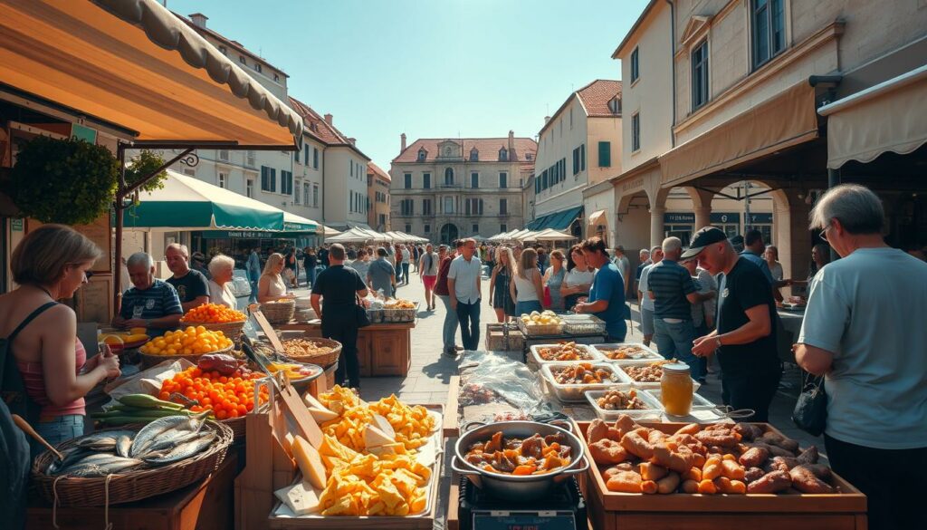 A bustling outdoor culinary market in Croatia, bathed in warm Mediterranean sunlight. In the foreground, vendors offer an array of local delicacies - fresh seafood, artisanal cheeses, and vibrant produce. The middle ground showcases traditional Croatian cuisine being prepared, with sizzling meats, fragrant stews, and hand-crafted pastries. In the background, a historic town square is framed by charming architecture, creating a picturesque setting for this authentic gastronomic celebration. The atmosphere is lively and convivial, with locals and tourists alike mingling and sampling the bounty of Croatia's rich culinary heritage.