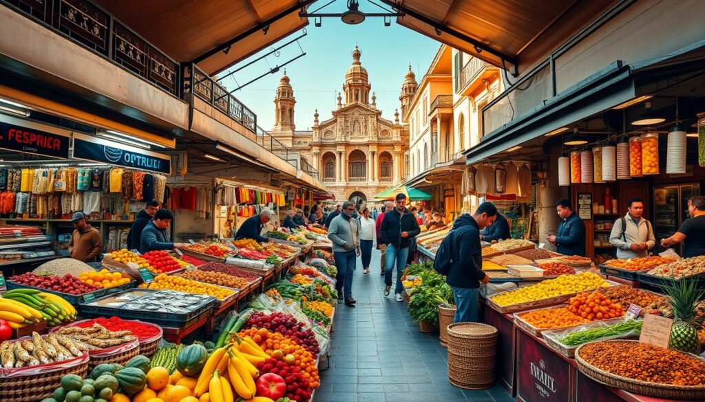 A bustling outdoor market in Lima, Peru, showcasing a vibrant array of local produce, seafood, and traditional cuisine. In the foreground, vendors display an abundance of colorful fruits, vegetables, and spices, creating an inviting sensory experience. The middle ground features lively interactions between customers and merchants, while the background reveals the iconic architecture and lively energy of the city. Warm, natural lighting casts a golden glow, capturing the authentic atmosphere of this culinary hotspot. A wide-angle lens captures the dynamic scene, emphasizing the energy and diversity of Peru's thriving food culture. A bustling outdoor market in Lima, Peru, showcasing a vibrant array of local produce, seafood, and traditional cuisine. In the foreground, vendors display an abundance of colorful fruits, vegetables, and spices, creating an inviting sensory experience. The middle ground features lively interactions between customers and merchants, while the background reveals the iconic architecture and lively energy of the city. Warm, natural lighting casts a golden glow, capturing the authentic atmosphere of this culinary hotspot. A wide-angle lens captures the dynamic scene, emphasizing the energy and diversity of Peru's thriving food culture.