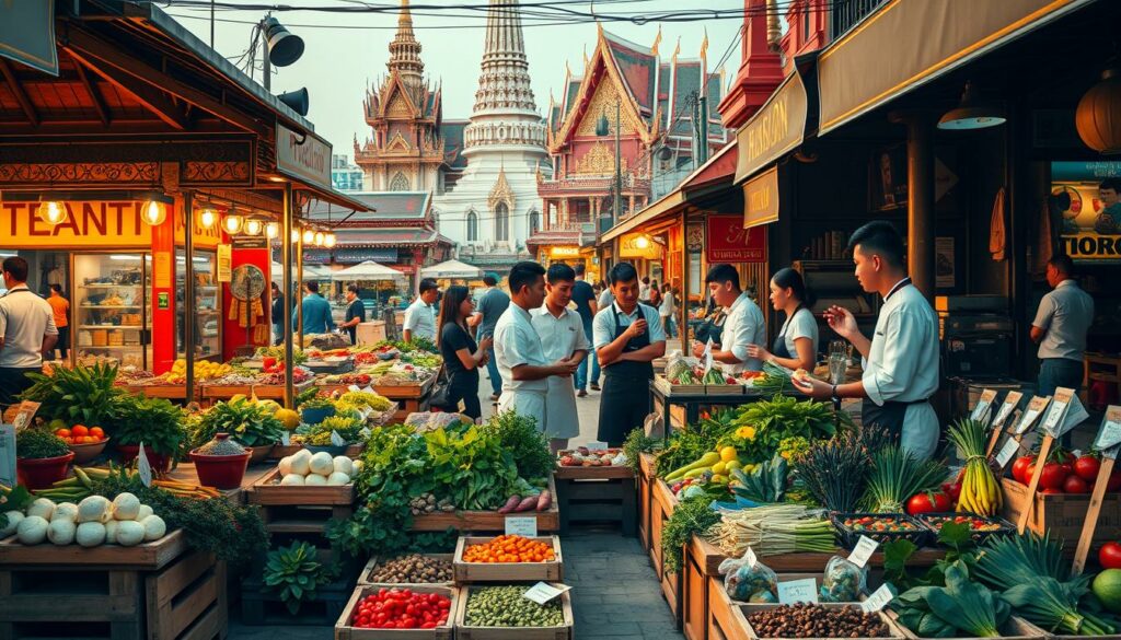 A bustling outdoor market in a vibrant Southeast Asian city, showcasing an array of colorful and fragrant local ingredients. The foreground features an assortment of fresh produce, herbs, and spices, artfully arranged on wooden crates and stalls. In the middle ground, a group of local chefs and food enthusiasts engage in lively discussions, gesticulating as they share cooking techniques and recipe ideas. The background is a blend of ornate temple architecture, traditional shop houses, and busy street scenes, creating an immersive atmosphere of culinary exploration and cultural immersion. Warm, diffused lighting casts a golden glow, accentuating the vibrant colors and textures of the scene. The overall composition conveys a sense of joy, discovery, and the rich tapestry of Thai cuisine and hospitality. A bustling outdoor market in a vibrant Southeast Asian city, showcasing an array of colorful and fragrant local ingredients. The foreground features an assortment of fresh produce, herbs, and spices, artfully arranged on wooden crates and stalls. In the middle ground, a group of local chefs and food enthusiasts engage in lively discussions, gesticulating as they share cooking techniques and recipe ideas. The background is a blend of ornate temple architecture, traditional shop houses, and busy street scenes, creating an immersive atmosphere of culinary exploration and cultural immersion. Warm, diffused lighting casts a golden glow, accentuating the vibrant colors and textures of the scene. The overall composition conveys a sense of joy, discovery, and the rich tapestry of Thai cuisine and hospitality.