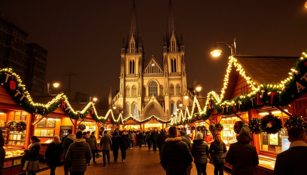 A bustling scene of the arrival at the iconic Köln Christmas market, captured in a panoramic view. In the foreground, clusters of visitors navigate the cobblestone pathways, bundled up against the crisp winter air. The middle ground showcases the charming wooden stalls, adorned with twinkling lights and festive decorations, inviting passersby to explore the market's offerings. In the background, the towering Gothic spires of Kölner Dom cathedral rise majestically, framing the scene with their timeless beauty. The lighting is a warm, golden glow, creating a cozy and inviting atmosphere, perfect for the holiday season. The camera angle is slightly elevated, providing a sweeping vista that captures the vibrant energy and bustling activity of this beloved Christmas destination.
