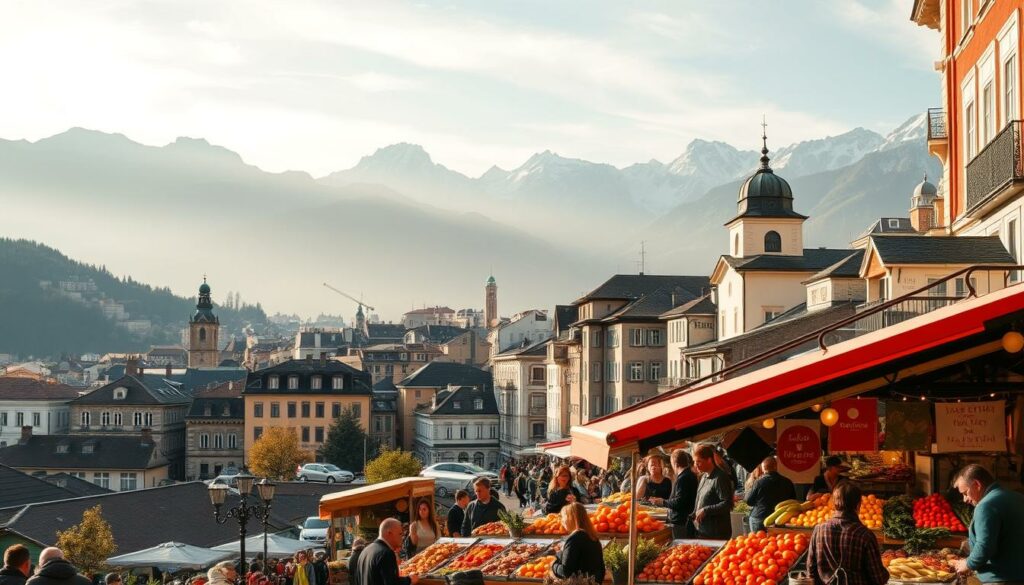 A bustling urban landscape showcasing the culinary prowess of Switzerland's most captivating cities. In the foreground, a vibrant market scene with an abundance of local produce, artisanal goods, and lively interactions between vendors and patrons. The middle ground features a mix of historic buildings and modern architecture, creating a harmonious blend of old and new. In the background, towering mountain peaks rise up, framing the panoramic vista. The lighting is warm and inviting, casting a golden glow over the scene and accentuating the vibrant colors of the culinary delights on display. The overall atmosphere is one of celebration, exploration, and a deep appreciation for the rich gastronomic heritage of Switzerland.