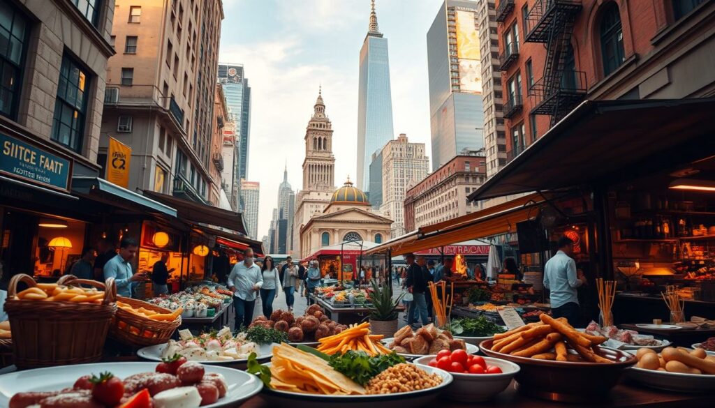 A bustling urban scene in a vibrant metropolis, capturing the essence of a culinary adventure. In the foreground, a diverse array of gourmet dishes and delicacies are artfully presented, tantalizing the senses. The middle ground features a lively street market, with vendors hawking fresh produce, fragrant spices, and local specialties. In the background, towering skyscrapers and historic landmarks create a stunning architectural backdrop, evoking a sense of cosmopolitan sophistication. Warm, golden lighting bathes the scene, creating a cozy and inviting atmosphere, perfect for savoring the flavors of this culinary journey through the heart of the city.