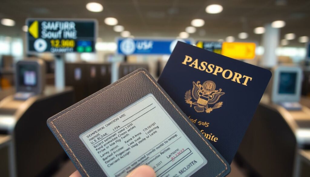 A close-up view of a U.S. passport being held in front of an airport security checkpoint. The passport's pages are open, revealing the personal details and visa stamps. In the background, blurred security scanners and airport signage create a sense of place. The lighting is soft and natural, highlighting the texture of the leather cover and the intricate design elements of the document. The composition draws the viewer's attention to the essential information needed for U.S. entry, conveying the importance of proper identification and travel documentation. A close-up view of a U.S. passport being held in front of an airport security checkpoint. The passport's pages are open, revealing the personal details and visa stamps. In the background, blurred security scanners and airport signage create a sense of place. The lighting is soft and natural, highlighting the texture of the leather cover and the intricate design elements of the document. The composition draws the viewer's attention to the essential information needed for U.S. entry, conveying the importance of proper identification and travel documentation.