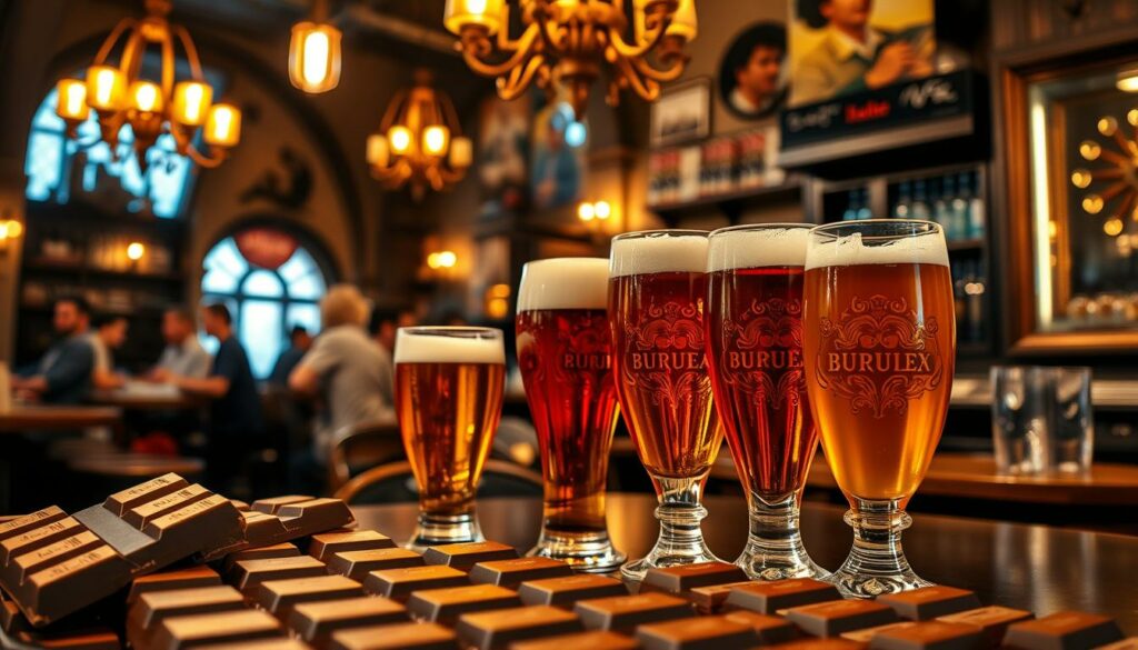 A cozy Belgian café, bathed in warm, golden light from overhead lamps. In the foreground, a selection of Belgian chocolate bars, their rich, velvety surfaces glistening. In the middle ground, a row of ornate, hand-crafted beer glasses, each filled with a different style of the country's renowned amber nectar - from crisp, hop-forward lagers to smooth, complex ales. The background is a blur of bustling patrons and the charming, centuries-old architecture of the building. The atmosphere is one of indulgence, tradition, and the celebration of the country's culinary delights.